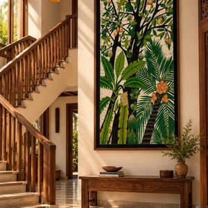 Hög tropisk botanisk batikväggdekoration, bananblad och kokosnötsträd, vertikal iögonfallande dekor (175 x 85 cm)
