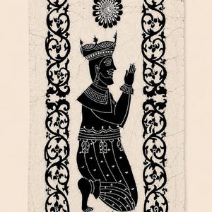 May include: Black and white illustration of a figure in traditional attire, kneeling with hands raised in prayer. The image is framed by an ornate border of swirling patterns and a floral motif at the top. The background has a textured, aged appearance.