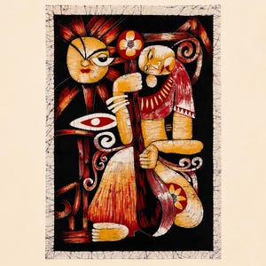 May include: A vibrant batik artwork featuring a seated figure playing a stringed instrument. The figure is depicted in shades of yellow, red, and orange against a black background. A stylized sun and floral elements are also present.
