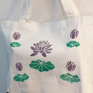 Lotus Flower Bag, Woodblock Printing, Eco Friendly, Reusable Shoulder Bag, Beach Bag, Tote Bag, Handmade Bag, Cotton Tote Bag, Desıgner Bag,