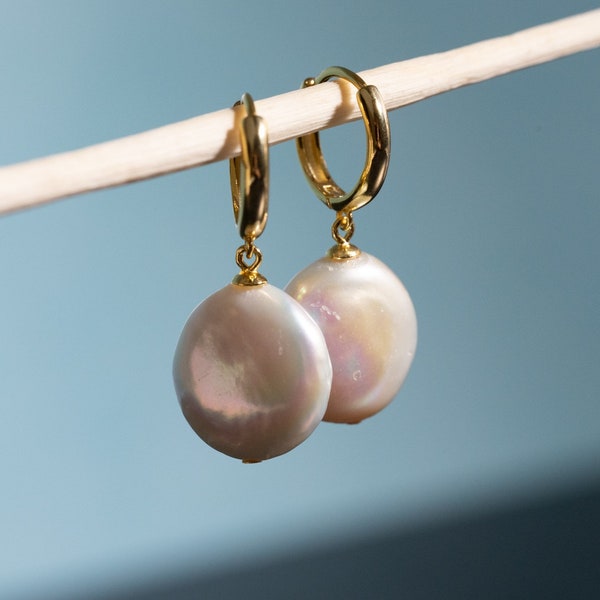 Natural White Coin Pearl Earrings Genuine Pearls With Gold or Silver Loop Huggie Earrings Bridesmaid Mother's Day Gift