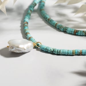 Natural Turquoise Gemstone Necklace With Baroque Pearl Pendant, Turquoise Choker Necklace With Gold Lobster Clasp Gift For Her And Him image 5