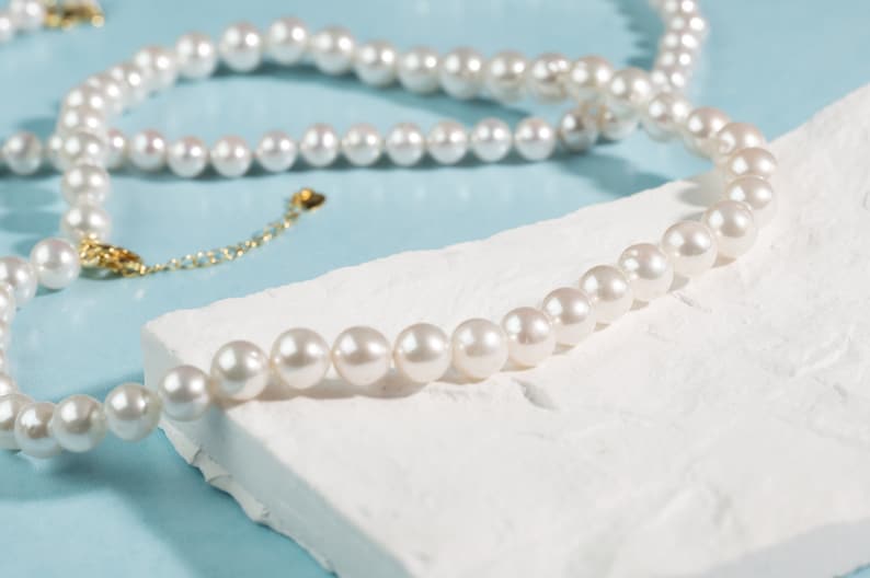 Natural White Round Pearl Necklace, Hand Knotted Genuine Top Quality Pearl Choker Necklace With Gold Clasp Bridesmaid Mother's Day Gift image 3