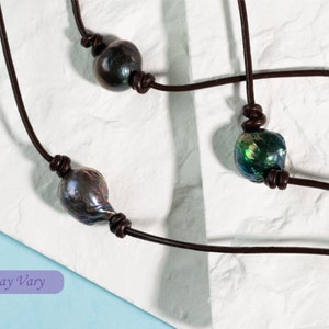 One Piece Green And Peacock Baroque Pearl Necklace, Leather Choker Pearl Necklace With Lobster Clasp For Men And Women Gift For Her