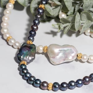 Rainbow Peacock Round Pearl Necklace With Large Baroque Pendant, Leather Choker Necklace With Gold Spacers Bridesmaid Mother&#39;s Day Gift