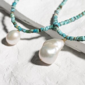 Natural Turquoise Gemstone Necklace With Baroque Pearl Pendant, Genuine Turquoise Choker Necklace With Gold Lobster Clasp Gift For Her image 3