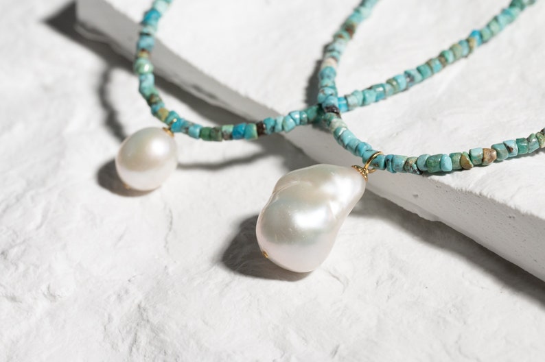 Natural Turquoise Gemstone Necklace With Baroque Pearl Pendant, Genuine Turquoise Choker Necklace With Gold Lobster Clasp Gift For Her image 3
