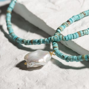Natural Turquoise Gemstone Necklace With Baroque Pearl Pendant, Turquoise Choker Necklace With Gold Lobster Clasp Gift For Her And Him image 4