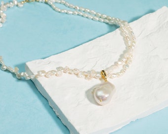 Natural White Keshi Pearl Necklace With Baroque Pendant, Layered Pearl Necklace With Toggle Clasp Bridesmaid Mother's Day Gift