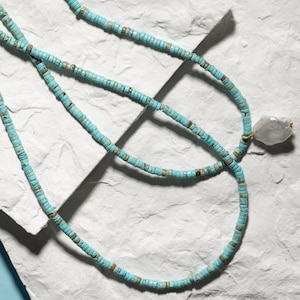 Natural Turquoise Gemstone Necklace With Baroque Pearl Pendant, Turquoise Choker Necklace With Gold Lobster Clasp Gift For Her And Him