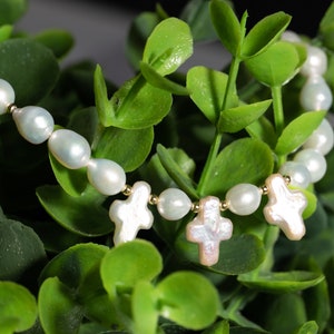 Natural White Baroque Pearl Necklace With Cross Pearls, Genuine Pearl Choker Necklace With Hook and Eye Clasp Bridesmaid Mother&#39;s Day Gift