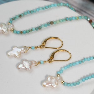 natuurlijke turquoise edelsteen ketting met parelkruis, echte ronde turquoise parelketting met kreeft gesp bruidsmeisje moederdag cadeau