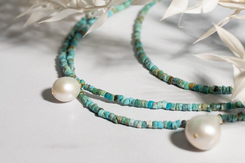 Natural Turquoise Gemstone Necklace With Baroque Pearl Pendant, Genuine Turquoise Choker Necklace With Gold Lobster Clasp Gift For Her image 5