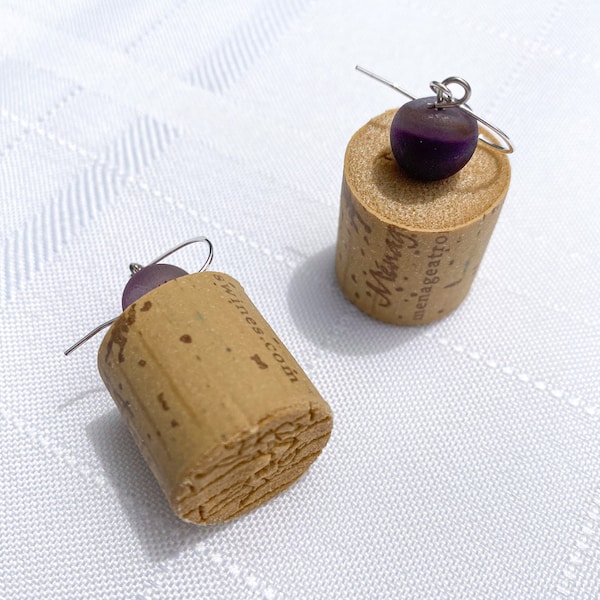 Wine Cork Earrings: Sterling Silver Cork Earrings with Bead