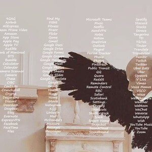 May include: A white wall with a black and white image of a bird's wings. The wall is decorated with a list of popular apps and websites, including 9GAG, Airbnb, AliExpress, Amazon Prime Video, Amazon, App Store, Apple Pay, Apple TV, Audible, Bank of Montreal, BTS, Bumble, Calculator, Calendar, Camera Scanner, Camera, Chase, CIBC, Contacts, Crunchyroll, Crypto, Desjardins, Discord, Doordash, Dropbox, Etsy, Evernote, ExpressVPN, Facebook, FaceTime, Files, Find My, Fitbit, Fitness, Fiverr, Flickr, Game, Gmail, Google Docs, Google Drive, Google Forms, Google Groups, Google Hangouts, Google Meet, Google Photos, Google Sheets, Google Slides, Google Translate, Google, Grindr, Health, Hinge, Home, iMovie, Instagram, Kijiji, Linkedin, Mail, McDonald's, Measure, Messages, Messenger, Microsoft Teams, Music, Netflix, NordVPN, Notes, Notion, OneDrive, Outlook, Period Tracker, Paypal, Phone, Photos, Pinterest, Public Transit, QQ, Quora, Reddit, Reminders, Remote Control, RBC, Safari, Scotiabank, Settings, Shopify, Shortcuts, Shutterstock, Slack, Smart Home, Snapchat, SoundCloud, Soundhound, Spotify, Stocard, Stocks, Strava, Tangerine, TD, Tik Tok, Tinder, Translate, Tripadvisor, Tumblr, Twitch, Twitter, Uber Eats, Uber, Upwork, V Live, Vimeo, Voice Memos, VSCO, Waze, Wealthsimple, Weather, Webtoon, WeChat, Weverse, WhatsApp, Wish, YouTube Music, You Tube, Zoom.
