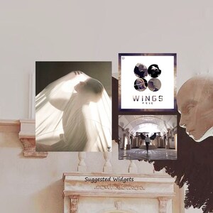 May include: A collage of images featuring a person draped in a white sheet, a black and white logo with the text "WINGS" and a person with wings standing in a large, white room.