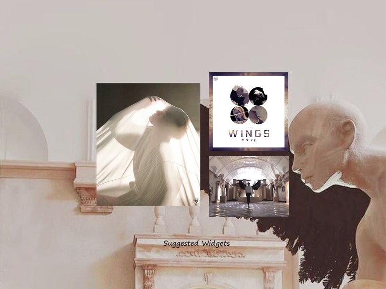 May include: A collage of images featuring a person draped in a white sheet, a black and white logo with the text "WINGS" and a person with wings standing in a large, white room.