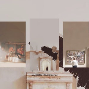 May include: A collage of three images featuring a person in mid-air, a sculpture of an angel with black wings, and a person standing in front of a painting. The background is a white wall with a decorative fireplace.