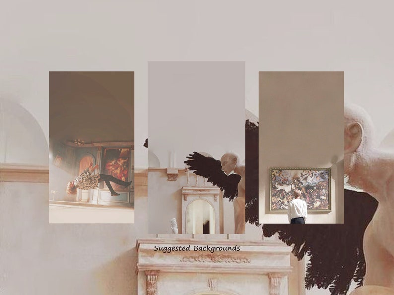 May include: A collage of three images featuring a person in mid-air, a sculpture of an angel with black wings, and a person standing in front of a painting. The background is a white wall with a decorative fireplace.
