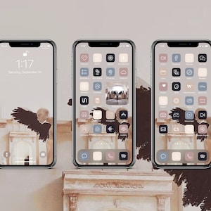 May include: Three iPhone screens with customized app icons. The icons are in a minimalist style with muted colors and simple shapes. The background image is a photo of a statue with wings.