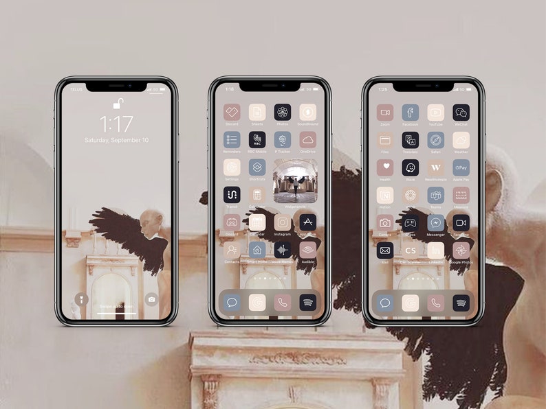 May include: Three iPhone screens with customized app icons. The icons are in a minimalist style with muted colors and simple shapes. The background image is a photo of a statue with wings.