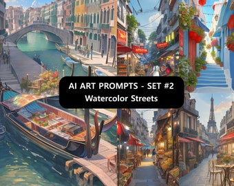Custom AI Art Prompts & Images Bundle Set #2 - WATERCOLOR STREETS - Perfect for Digital Prints, Wall Art, Marketing | Free Bonus Images