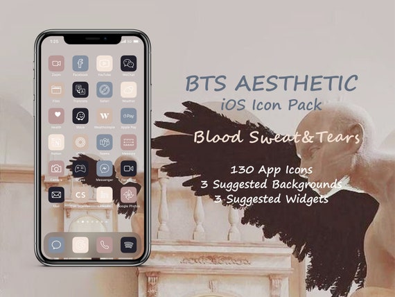 BTS Aesthetic iOS Icon Pack | Blood Sweat & Tears Theme | 130 App Icons - 3 Backgrounds - 3 Widgets