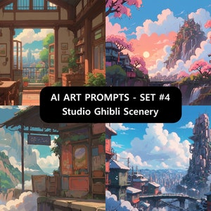 Pode incluir: Uma colagem de quatro imagens que representam cenas inspiradas nos filmes do Studio Ghibli. A imagem superior esquerda mostra uma sala com uma varanda com vista para uma cidade. A imagem superior direita mostra uma aldeia de montanha com árvores de cerejeira em flor. A imagem inferior esquerda mostra uma pequena loja com vista para a montanha. A imagem inferior direita mostra uma cidade nevada com um grande edifício no fundo.