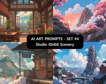Custom AI Art Prompts & Images Bundle Set #4 - STUDIO GHIBLI Scenery - Perfect for Digital Prints, Wall Art, Marketing | Free Bonus Images