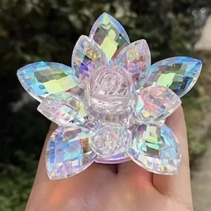 Può includere: Un fiore di loto di cristallo trasparente e iridescente con più petali. Il fiore ha una base centrale chiara e arrotondata. I petali sono sfaccettati, riflettendo la luce con un effetto arcobaleno. Lo sfondo è verde sfocato.