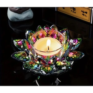 May include: A decorative lotus flower candle holder with colourful, faceted glass petals. A lit candle sits in a clear glass cup in the centre. The candle holder is on a reflective black surface.