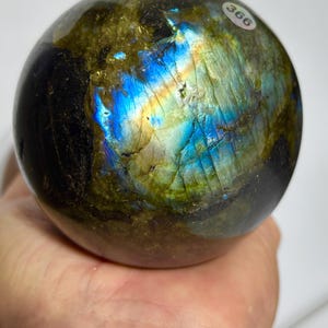 Peut inclure: Une sphère en labradorite polie présentant des tons gris foncé et vert olive avec des éclats irisés de lumière bleue et dorée. La surface présente des fissures naturelles et un petit autocollant circulaire blanc avec le numéro 366 imprimé en noir.