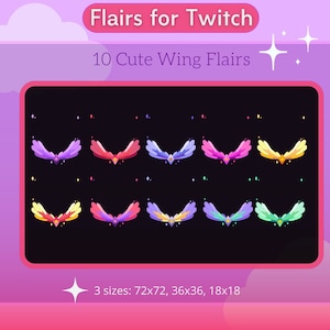 Op de afbeelding: Tien kleurrijke Twitch-emotes in de vorm van vleugels in verschillende maten, waaronder 72x72, 36x36 en 18x18 pixels. De emotes bevinden zich op een zwarte achtergrond met witte sterren.