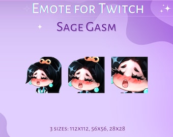 May include: A cartoon illustration of a woman with black hair and a blue and white outfit. She has a surprised expression with her mouth open and her cheeks flushed. The image is labeled "Sage Gasm" and "EMOTE FOR TWITCH".