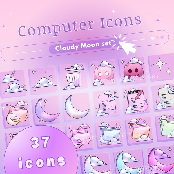 Cloudy Moon Computer Icon Set, aesthetic icons for mac, cute desktop icons for windows, folder icons pink icons desktop folders pc icons