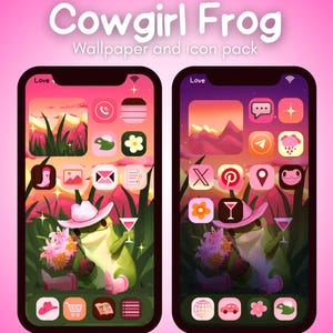 Könnte beinhalten: Zwei Smartphones mit einem "Cowgirl Frog" Wallpaper und Icon-Paket. Das Wallpaper zeigt einen Frosch mit Cowboyhut, der einen Cocktail und Blumen hält, vor einem rosa-orangenen Sonnenuntergang. Die Telefone zeigen verschiedene App-Symbole.