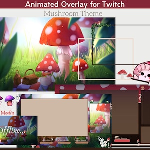 Cute Animated Mushroom Twitch overlay package, cozy overlay twitch