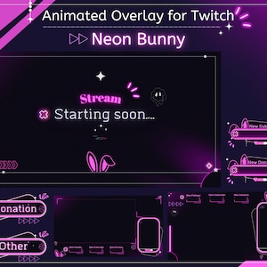 Animated Neon Bunny Overlay Twitch Package, twitch panels, twitch alerts, sub badges, twitch bundle, neon, cozy stream overlay
