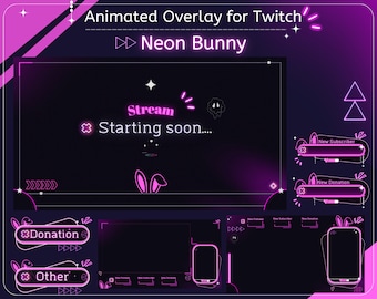 Animated Neon Bunny Overlay Twitch Package, twitch panels, twitch alerts, sub badges, twitch bundle, neon, cozy stream overlay