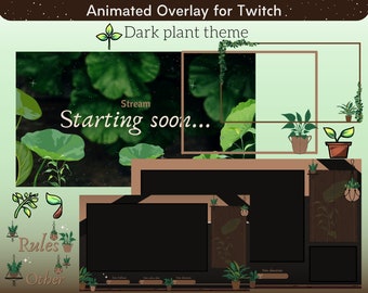 Cozy Animated Plant Overlay pack for Twitch streamers, Flower, leaves, plant badges, plant theme twitch, cozy dark overlay, twitch pack
