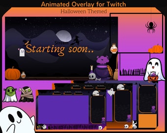 Animated halloween overlay twitch package, spooky season overlay, cute twitch overlay bundle