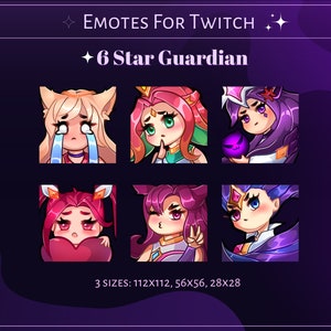 Star guardian emote pack for twitch, league of legends emotes, cute kawaii emotes, zoe, jinx emote, syndra emote, ahri emote, chibi girl