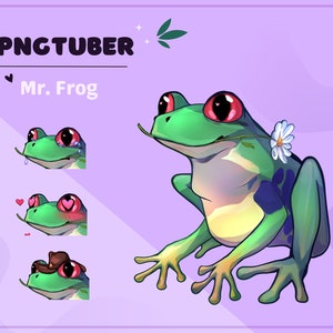 May include: A cartoon illustration of a green frog with red eyes. The frog is sitting on a purple background and holding a flower in its mouth. The frog has a happy expression on its face. The image is titled "PNGTUBER" and "Mr. Frog".