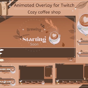 Animated Cozy Coffee Shop Twitch package, twitch panels, alerts, webcam border, aesthetic lofi overlay pack