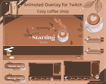 Animated Cozy Coffee Shop Twitch package, twitch panels, alerts, webcam border, aesthetic lofi overlay pack