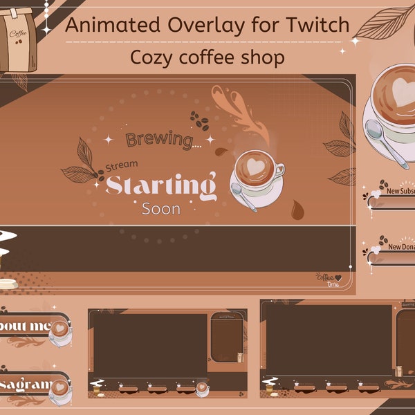 Forfait Twitch animé Cozy Coffee Shop, panneaux twitch, alertes, bordure de webcam, pack de superposition lofi esthétique