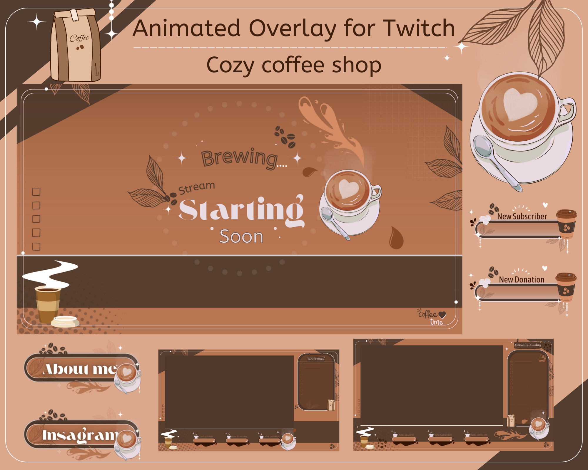 Animated Cozy Coffee Shop Twitch package, twitch panels, alerts, webcam border, aesthetic lofi overlay pack