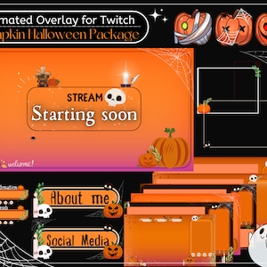 Animated Pumpkin Halloween Overlay Twitch package, big twitch bundle pack, twitch alerts, twitch sub badges, twitch panels, cozy stream