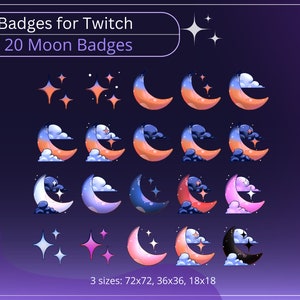 20 Cute moon bit badges for twitch streamers, starry night badges, clouds, stars, astronomy theme, sub badges, big pack badges, bundle