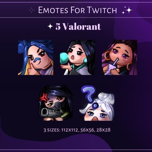 Valorant emotes for Twitch pack, reyna, neon, sage, jett and viper emotes, discord, cute emotes, gamer emotes for streamers